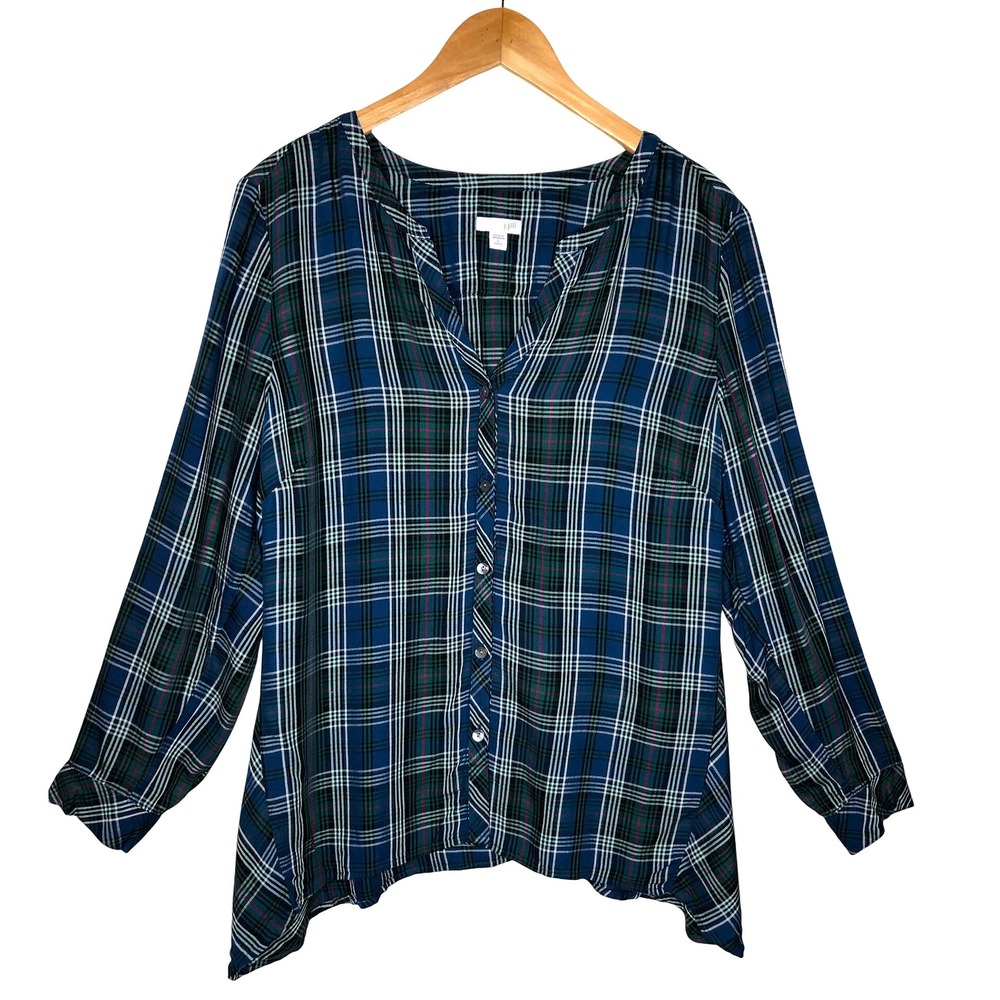 J.Jill‎ Petite Plaid Long Sleeve V-Neck Button Front Top Large Cottage Core